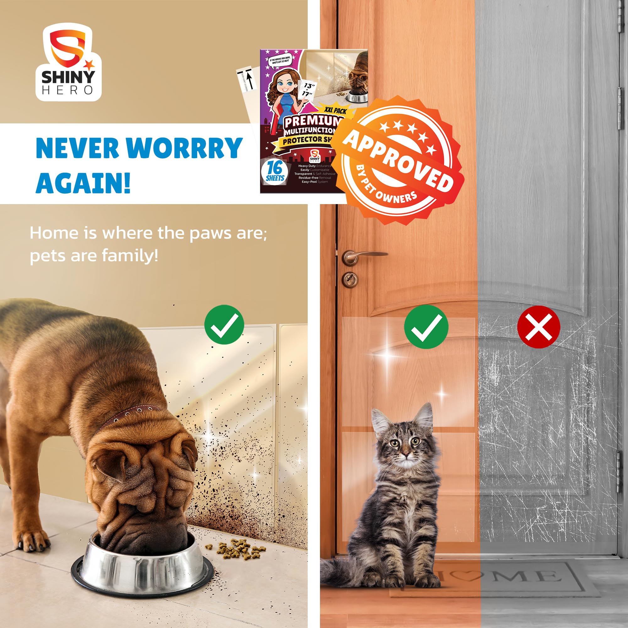 16Pack - Clear Wall & Door Protector from Dog Scratching - Anti Cat Couch Guard Plastic Sheets, Furniture Self-Adhesive Removabl